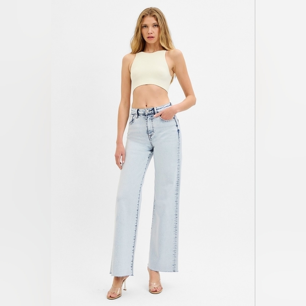 Risen High Rise Light Wash Wide Leg Jeans Stretch Contrast Various NEW